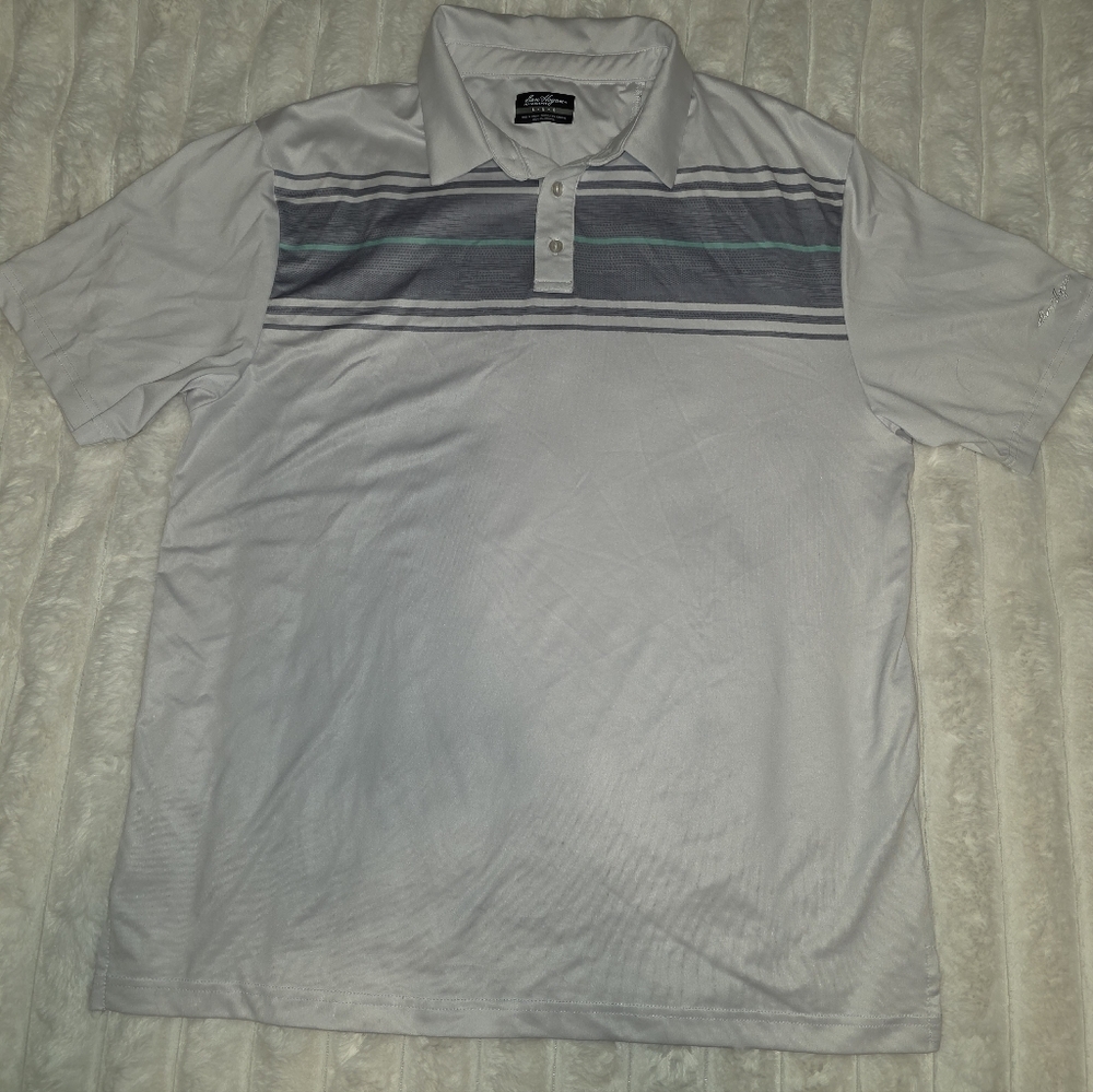 Men's Large Ben Hogan White and Gray Striped Polo Shirt
